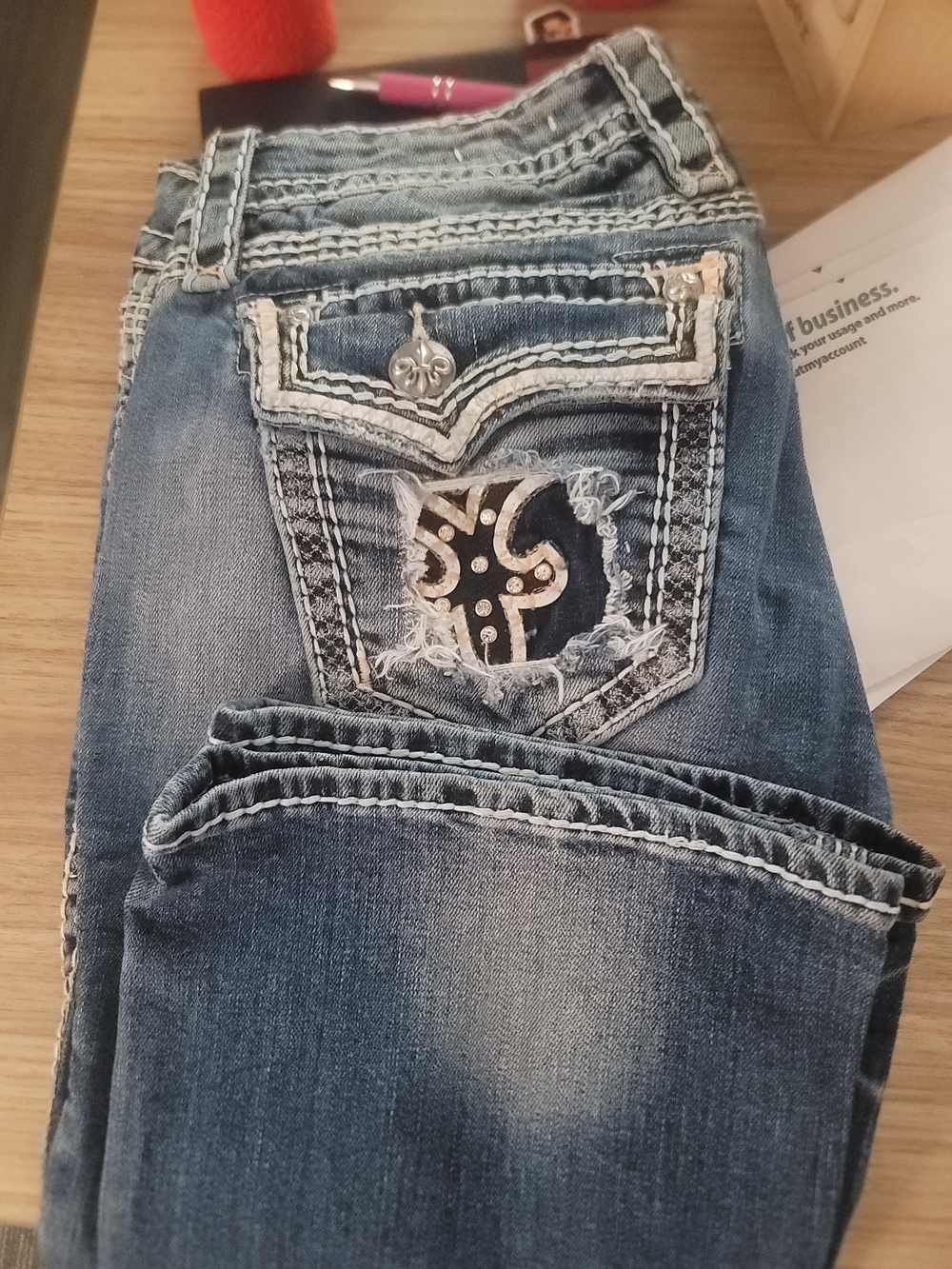 Rock Revival Blue Distressed Boot Cut Jeans with Embellished Back Pocket